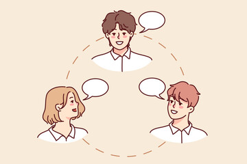 Businesspeople in circle communicate with each other. Smiling employee or workers involved in etambuilding or brainstorming. Teamwork and cooperation. Vector illustration. 