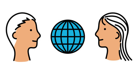 男女の横顔と地球のアイコン、コミュニケーション、男女同権、編集可能なベクターイラスト