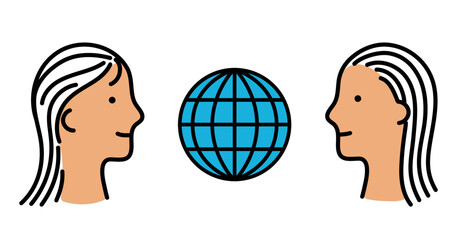 2人の女性と地球のアイコン、女性の権利、編集可能なベクターイラスト