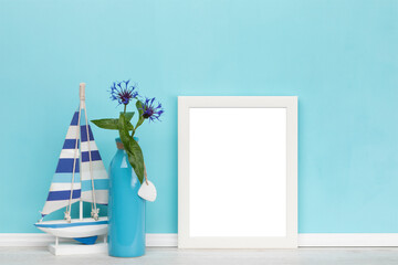 Poster mockup, sailboat, vase and white wooden vertical picture frame with transparent background...