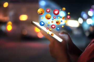 Woman using smartphone at night and social 3D graphics icon on screen with beautiful bokeh. girl's...