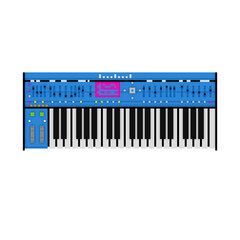 Colorful Synthesizer. Pixel Art Retro Style. Transparent Background.