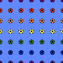 Soccer balls in rainbow colors on a blue background. Seamless pattern. Funny Football wallpaper