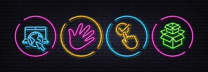 Internet, Hand and Checkbox minimal line icons. Neon laser 3d lights. Packing boxes icons. For web, application, printing. Online webpage, Swipe, Approved. Delivery box. Neon lights buttons. Vector