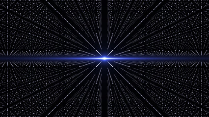 Background of halftone dots in cube form. Futuristic abstract backdrop with a beam. Particle pattern. Visualization of big data. Space screen. 3D rendering.