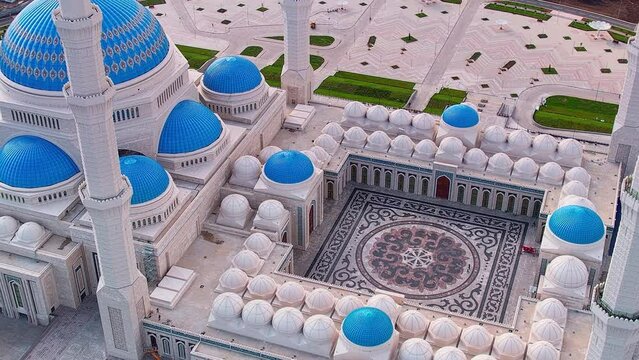 Nur-Sultan, Kazakhstan - August 8, 2022: largest mosque in Central Asia, Astana Aerial drone view.