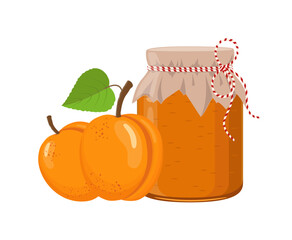 Apricot jam or confiture jar in rustic style, homemade fruit berry preserve, vector illustration on white background