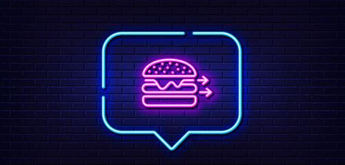 Neon light speech bubble. Food delivery line icon. Burger meal sign. Catering service symbol. Neon light background. Food delivery glow line. Brick wall banner. Vector