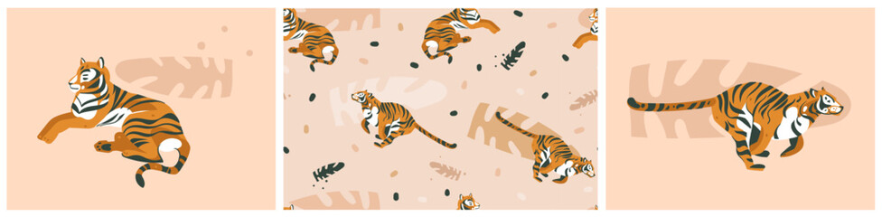 Hand drawn vector abstract graphic modern safari savanna orange tigers animals print and pattern collection set .Animals wildlife clipart design.Wild nature concept.Cute animals illustration set.