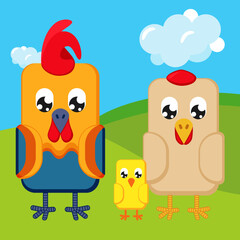 Cartoon chicken family in colorful summer valley