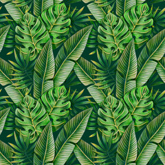 Seamless pattern of tropical leaves drawn with colored pencils on a dark background. For fabric, sketchbook, wallpaper, wrapping paper.