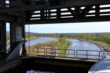 Naklejka premium view from the boat lift in Niederfinow on the water canal and the surrounding landscape, Brandenburg, Germany