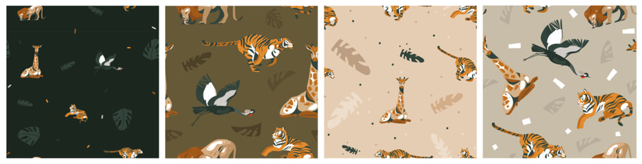 Hand drawn vector abstract graphic modern safari savanna animals print and pattern collection set on color background.Animals wildlife clipart design.Wild nature concept.Cute animals illustration set.