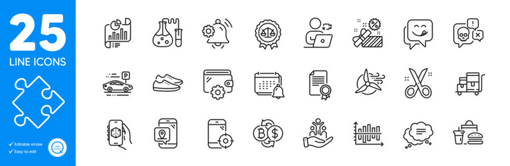 Outline icons set. Video conference, Chemistry lab and Shoes icons. Seo phone, Inclusion, Report document web elements. Sale, Inventory cart, Justice scales signs. Notification, Strategy. Vector