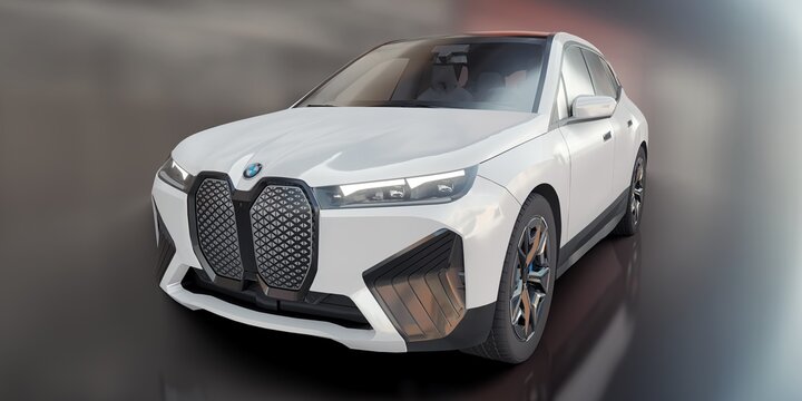 Paris, France. July 25, 2022: BMW iX 2022 White luxury sport suv electric car isolated. 3d illustration.