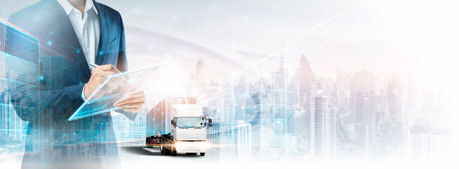 Business and Technology of Logistics Transport Concept, Double Exposure of Business Man using...