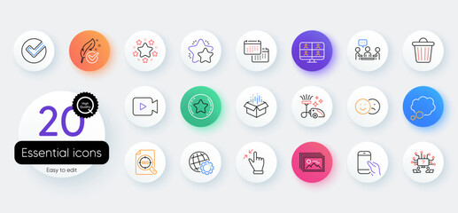 Simple set of People chatting, Verify and Teamwork question line icons. Include Globe, Video camera, Talk bubble icons. Calendar, Touchscreen gesture, Loyalty star web elements. Star. Vector