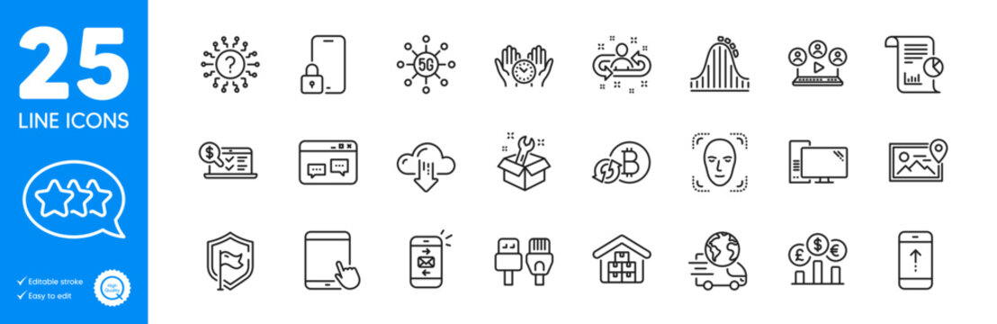 Outline icons set. Lock, Computer cables and Computer icons. Cloud download, Question mark, Currency rate web elements. Refresh bitcoin, Browser window, Safe time signs. Outline lock icon. Vector