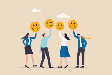 Fototapeta na wymiar Employee morale, team spirit, work passion or job satisfaction, worker wellbeing or feeling, attitude and motivation concept, businessman and businesswoman team showing emotion happy and sad faces.