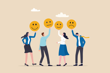 Employee morale, team spirit, work passion or job satisfaction, worker wellbeing or feeling, attitude and motivation concept, businessman and businesswoman team showing emotion happy and sad faces.