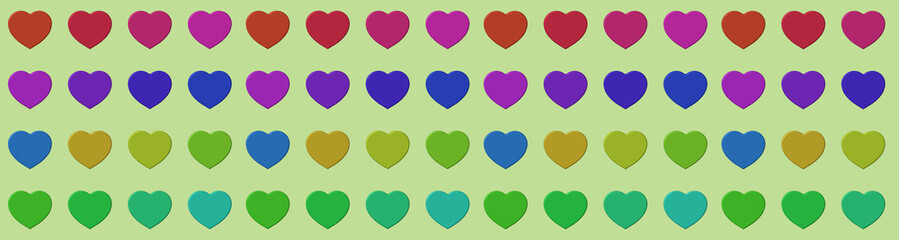 hearts of different colors isolated on green background. Paste template. Glare from lighting Valentine's Day. Banner for insertion into site. 3D image. 3d rendering.
