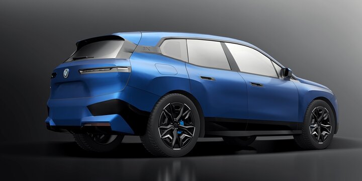 Paris, France. July 25, 2022: BMW iX 2022 Blue luxury sport suv electric car isolated. 3d illustration.
