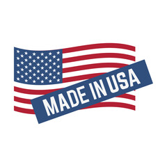 Made in USA label with American national flag, seal, logo template. Can be used for patriotic stamps, national production