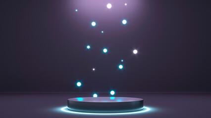 Podium on dark background. Blue violet Led Neon light. 3d render illustration. Empty Base, pedestal, stand with blank space.Technological abstract background for advertising smartphone, tablet. 