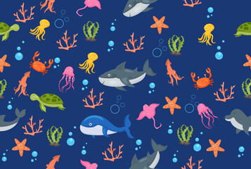 Fototapeta premium cute sea life cartoon seamless pattern animals and fishes. Seamless pattern background 