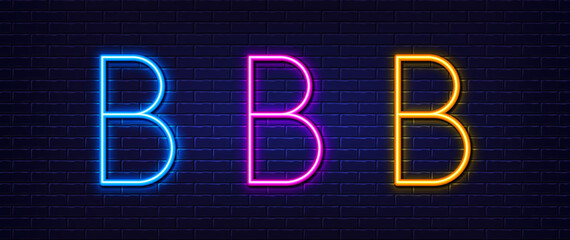 Initial letter B icon. Neon light line effect. Line typography character sign. Large first font letter. Glowing neon light element. Letter B glow 3d line. Brick wall banner. Vector