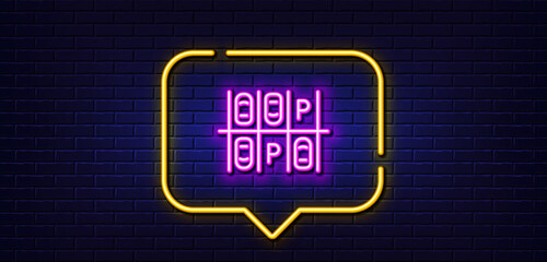 Neon light speech bubble. Parking place line icon. Car park sign. Transport symbol. Neon light background. Parking place glow line. Brick wall banner. Vector