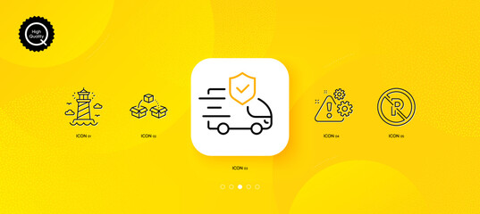 Fototapeta na wymiar Warning, Transport insurance and Lighthouse minimal line icons. Yellow abstract background. No parking, Parcel shipping icons. For web, application, printing. Vector