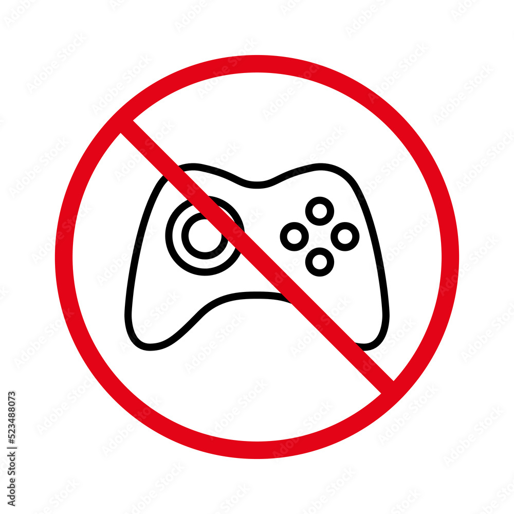 Poster no allowed gamepad control sign. prohibited game pad console red stop outline symbol. joystick ban b