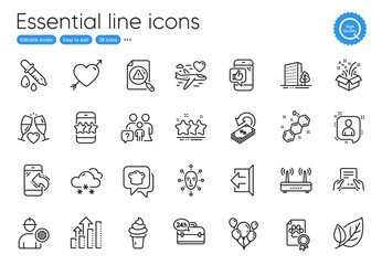 Love, Balloons and 24h service line icons. Collection of Analysis graph, Developers chat, Sign out icons. Incoming call, Honeymoon travel, Search document web elements. Engineer, Wifi. Vector