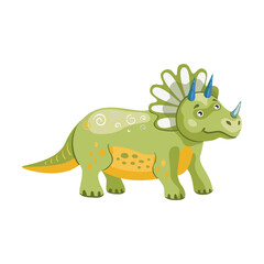 Triceratops cute dino. Funny dinosaur characters smiling and standing. Creatures and fossil reptiles concept. Template for promotional or invitation web page