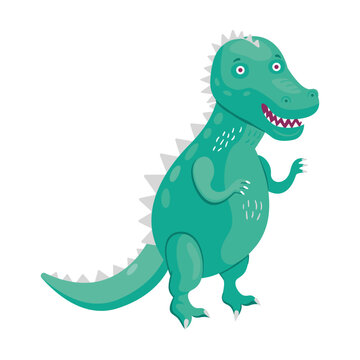 Tyrannosaur cute dino. Funny dinosaur characters smiling and standing. Creatures and fossil reptiles concept. Template for promotional or invitation web page