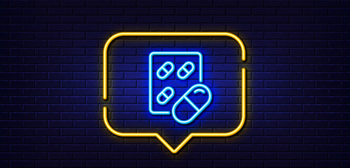 Neon light speech bubble. Capsule pill line icon. Medical drugs sign. Pharmacy medication symbol. Neon light background. Capsule pill glow line. Brick wall banner. Vector