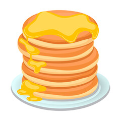 Tasty pancakes with honey. Pancakes on white plate. Baking with syrup, berries, butter or honey. Breakfast