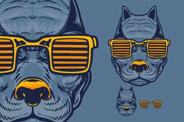 blue bulldog head with glasses mascot vector illustration cartoon style