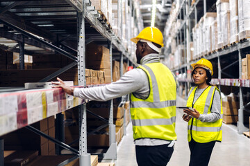 Portrait two african american engineer team shipping order detail on tablet check goods and supplies on shelves with goods inventory in factory warehouse.logistic industry and business export