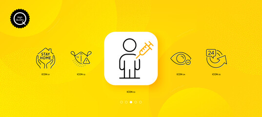 Fototapeta na wymiar Medical mask, Stay home and 24 hours minimal line icons. Yellow abstract background. Myopia, People vaccination icons. For web, application, printing. Vector