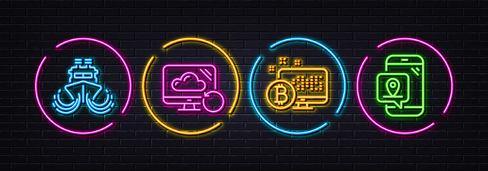 Ship, Recovery cloud and Bitcoin system minimal line icons. Neon laser 3d lights. Pin marker icons. For web, application, printing. Shipping watercraft, Backup info, Cryptocurrency monitor. Vector