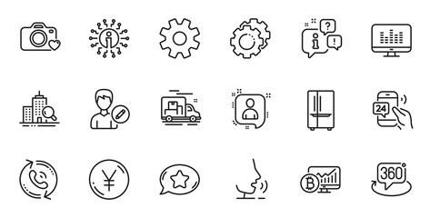 Outline set of Service, 360 degree and Music making line icons for web application. Talk, information, delivery truck outline icon. Include Inspect, Yen money, Bitcoin chart icons. Vector