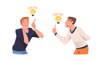 Businessman with light bulbs set. Idea generation, brainstorming, creativity and solution cartoon vector illustration