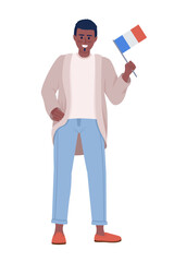 Smiling guy with French flag semi flat color vector character. Editable figure. Full body person on white. Tourist simple cartoon style illustration for web graphic design and animation
