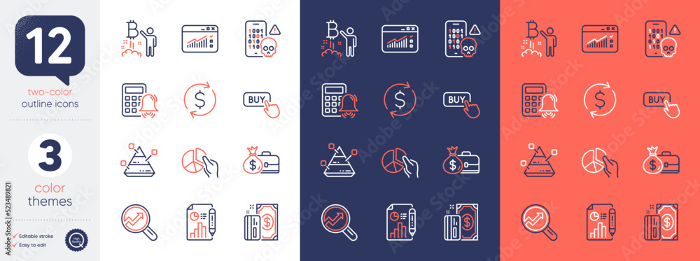 Aufkleber set of calculator alarm, pie chart and pyramid chart line icons. include web traffic, dollar exchang