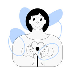 portrait of a happy person in the style of cartoons from the 90s. The concept of mental health. Image of a man surrounded by flowers