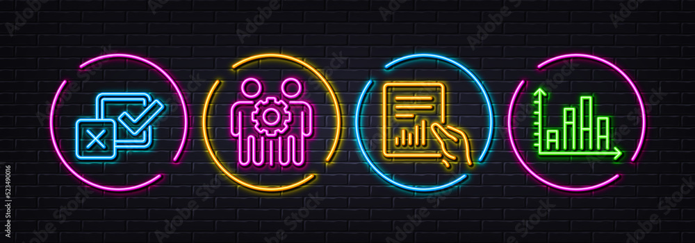 Poster document, checkbox and employees teamwork minimal line icons. neon laser 3d lights. diagram graph ic