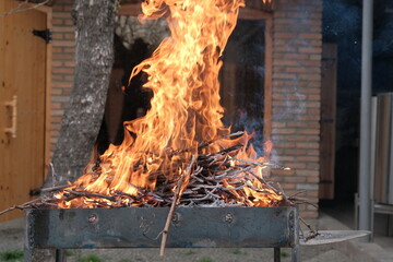burning firewood. open fire on burning brushwood from grapevine. the vines will make good coals for shashlik (barbecue)
