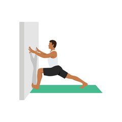 Fototapeta premium Man doing Virabhadrasana I to the wall exercise. Flat vector illustration isolated on white background